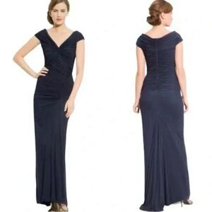 Tadashi Shoji Black Ruched Off Shoulder Evening Gown Dress XS Formal Mesh Long‎